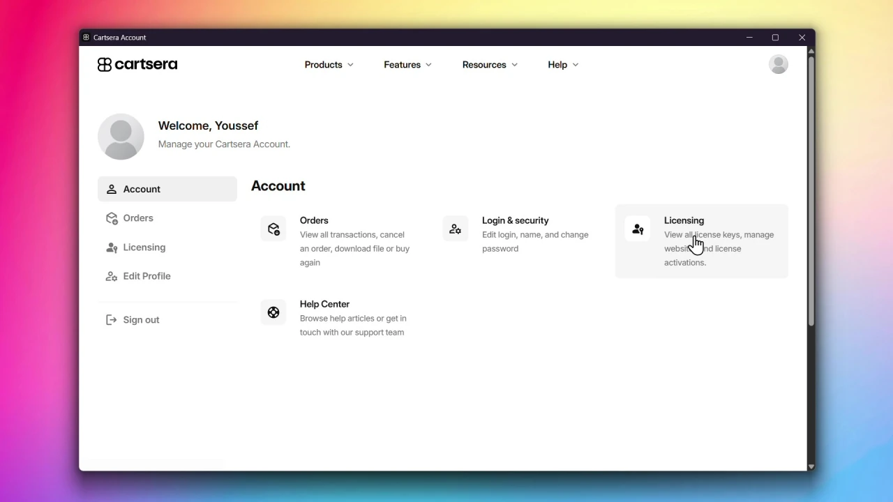 cartsera account go to licensing page