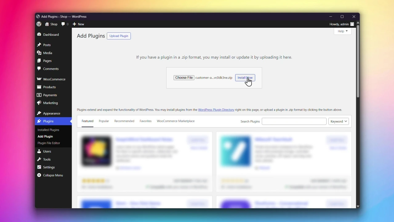 customer accounts for woocommerce add plugins screen choose file and install now
