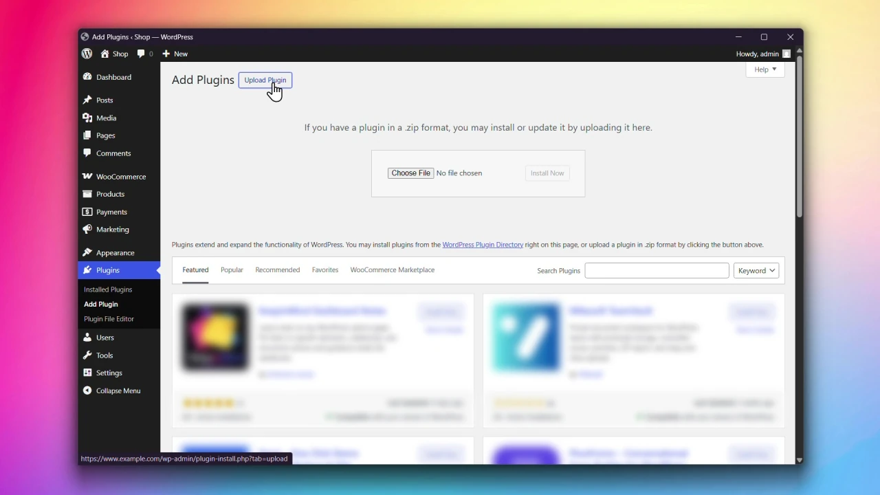 customer accounts for woocommerce add plugins screen upload plugin button