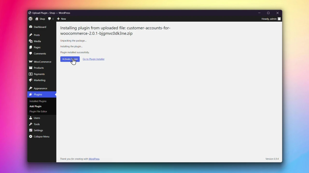 customer accounts for woocommerce installation complete activate plugin button