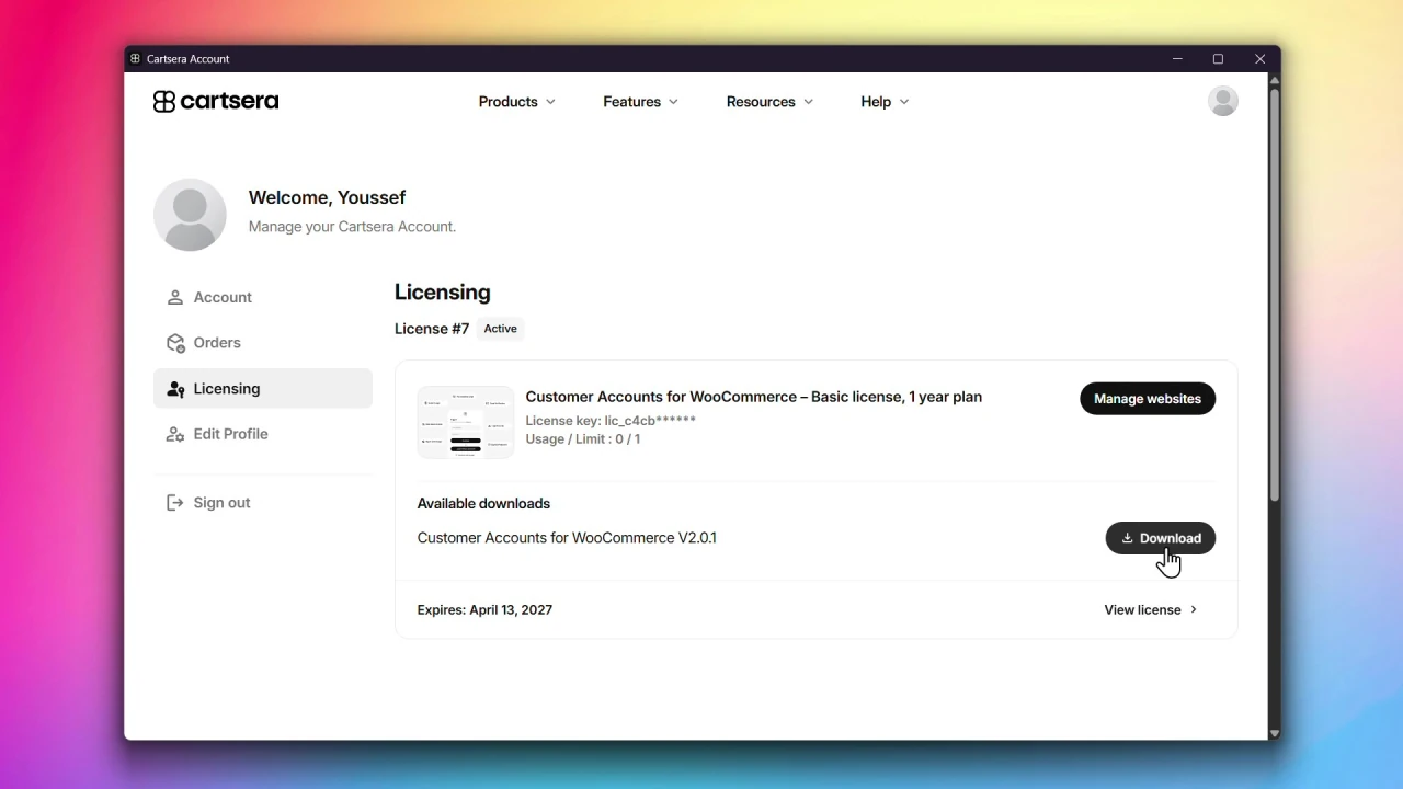 customer accounts for woocommerce licensing page download button