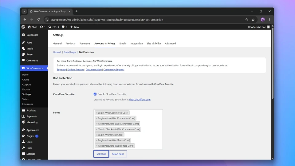 cartprotect bot protection for woocommerce enable cloudflare turnstile