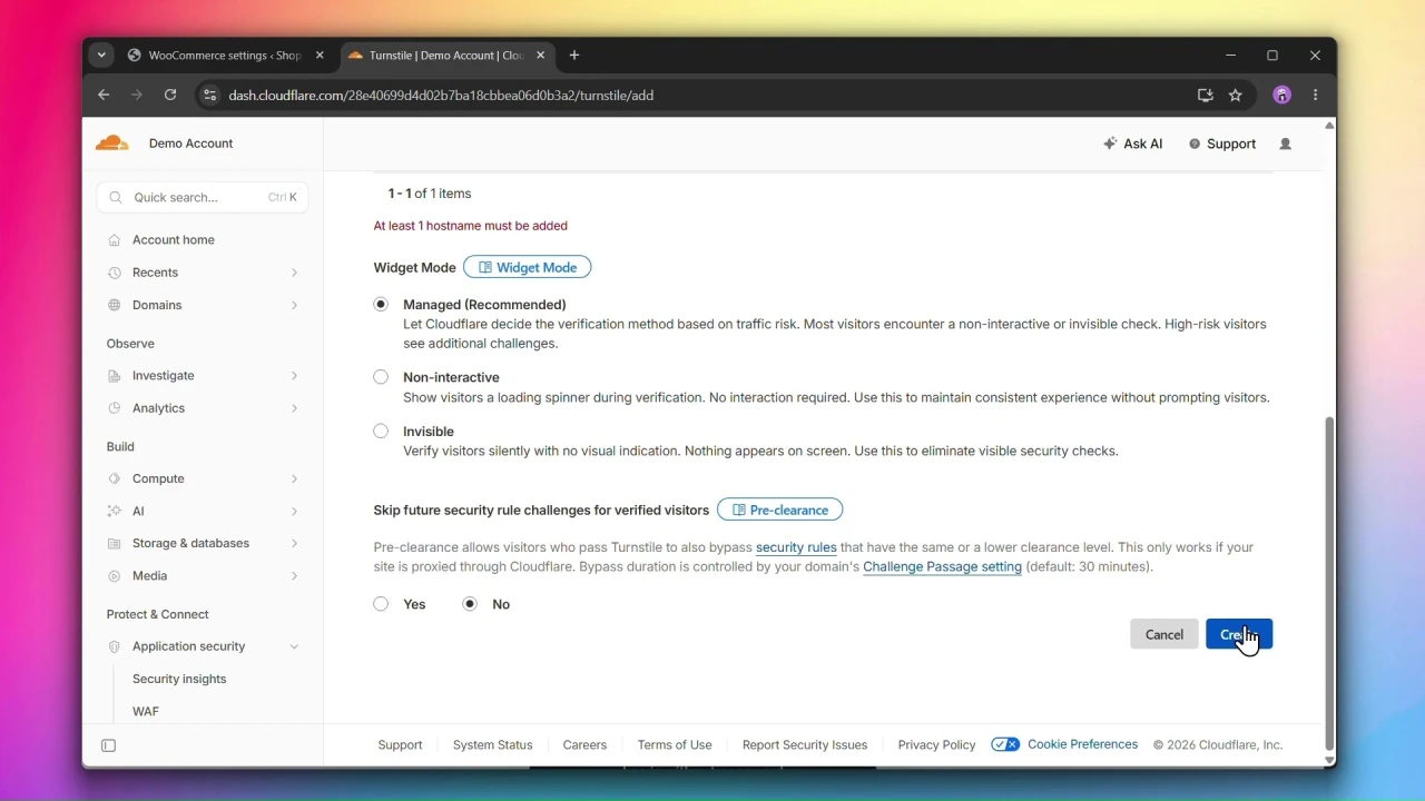 cloudflare turnstile create managed widget