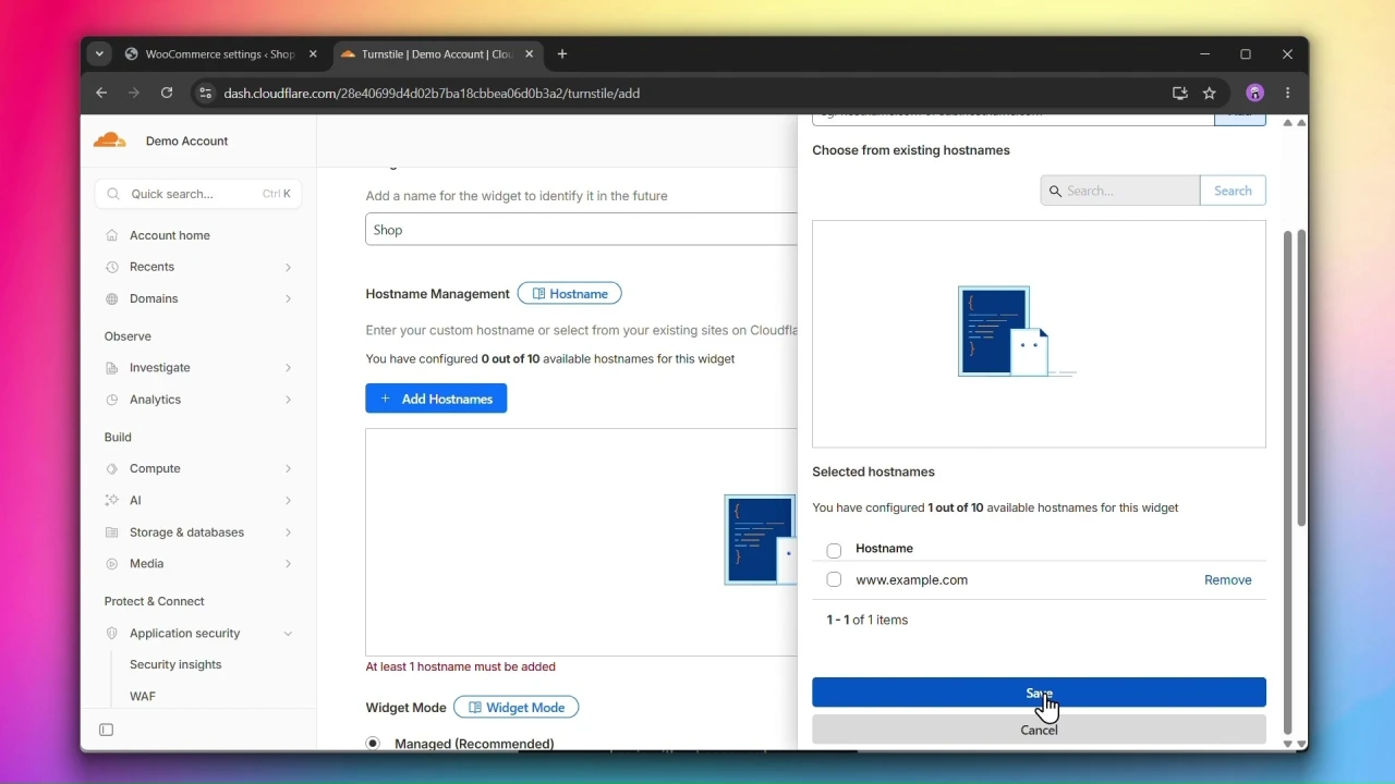 cloudflare turnstile save hostnames