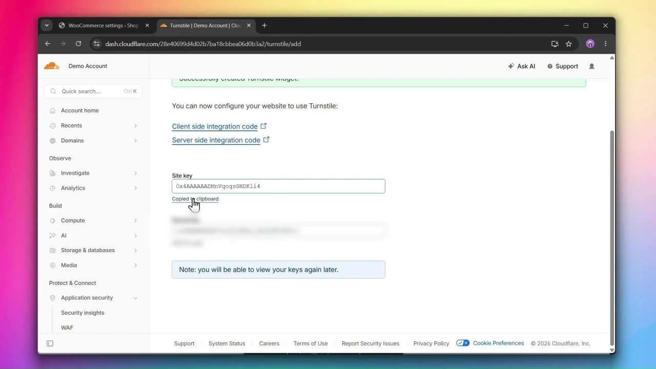 cloudflare turnstile site key and secret key