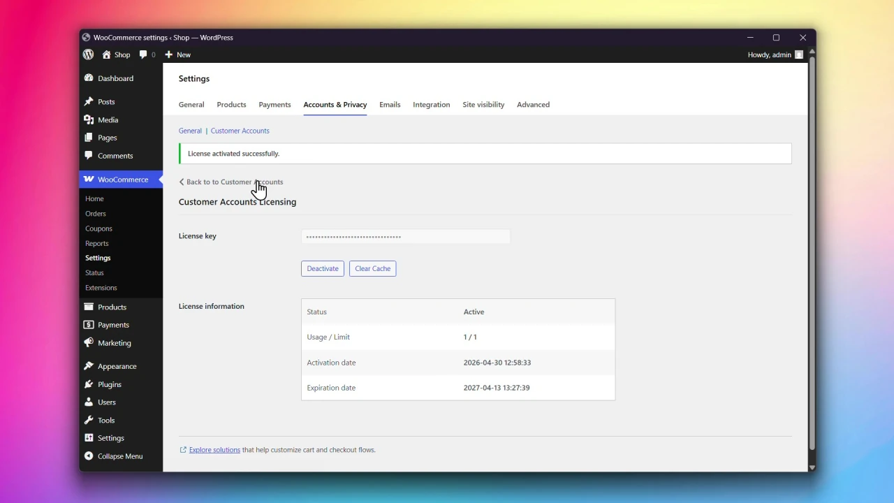 customer accounts for woocommerce activate license page license key activated