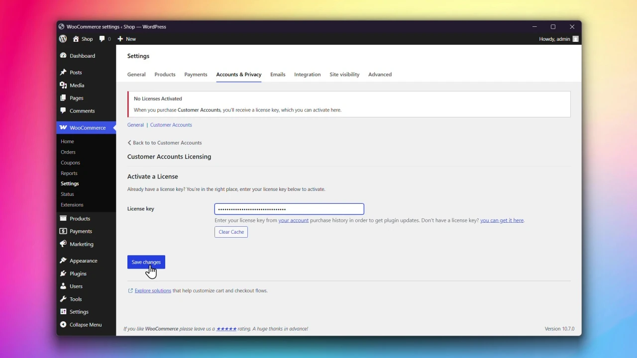 customer accounts for woocommerce activate license page license key field and activate button