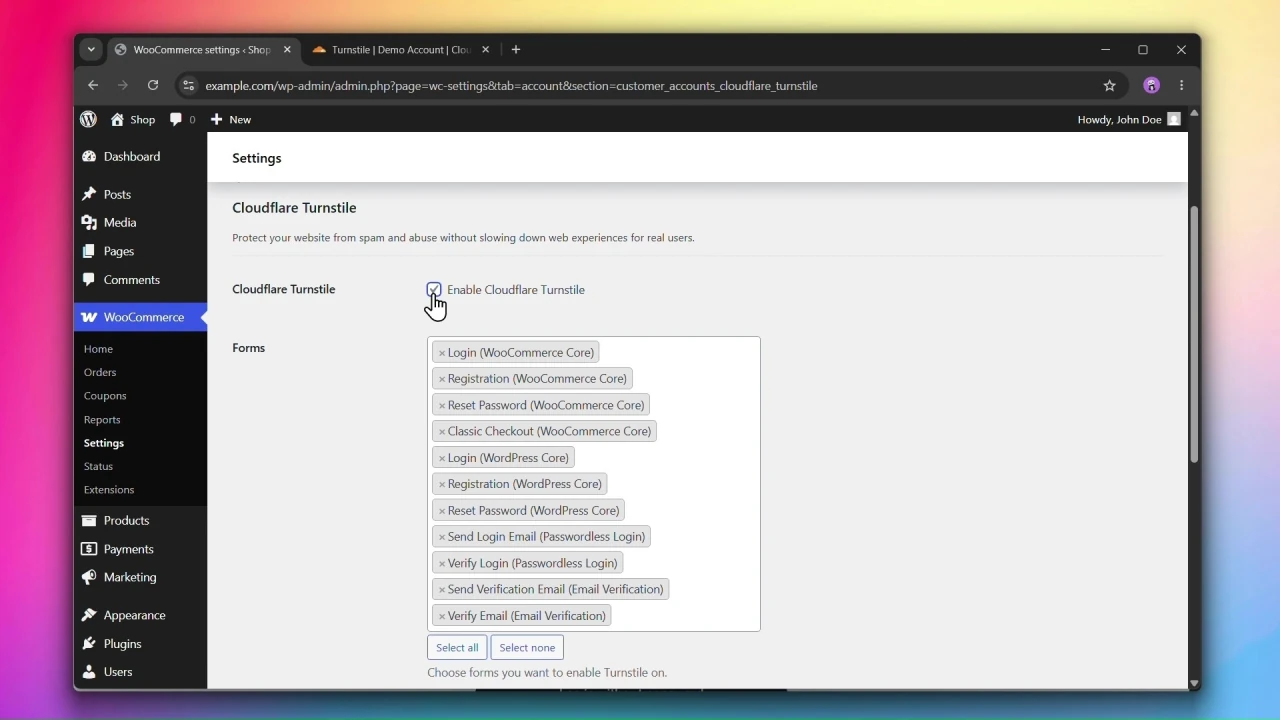 customer accounts for woocommerce cloudflare turnstile enable