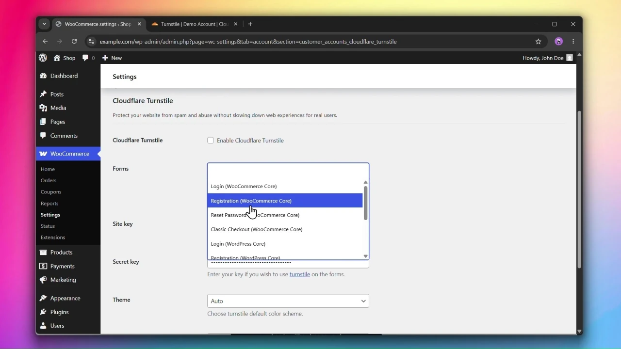 customer accounts for woocommerce cloudflare turnstile forms multiselect