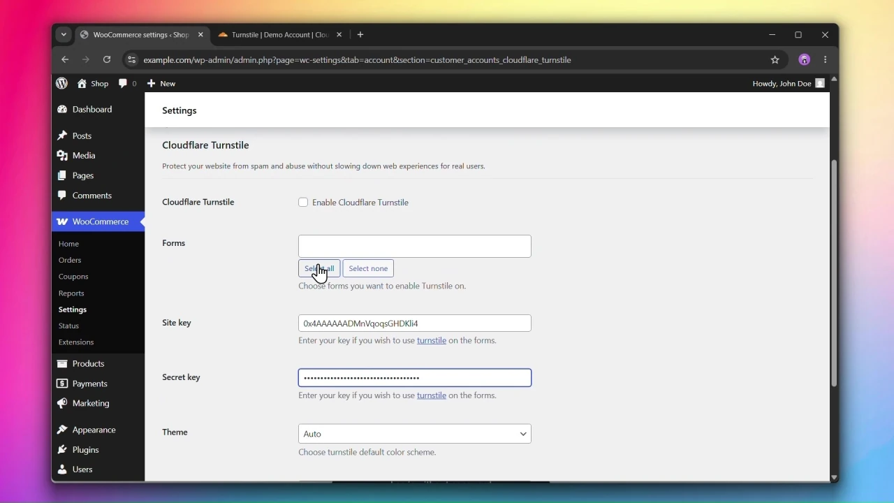 customer accounts for woocommerce cloudflare turnstile site key and secret key fields