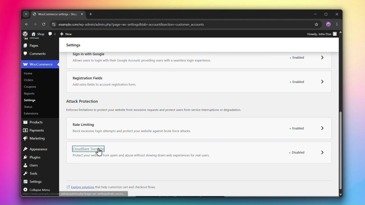 customer accounts for woocommerce customer accounts main settings page cloudflare turnstile card