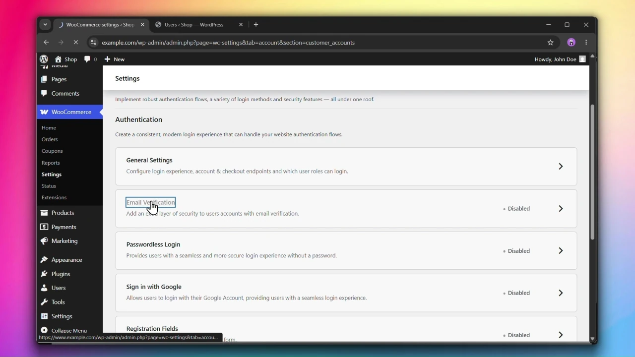 customer accounts for woocommerce customer accounts main settings page email verification card