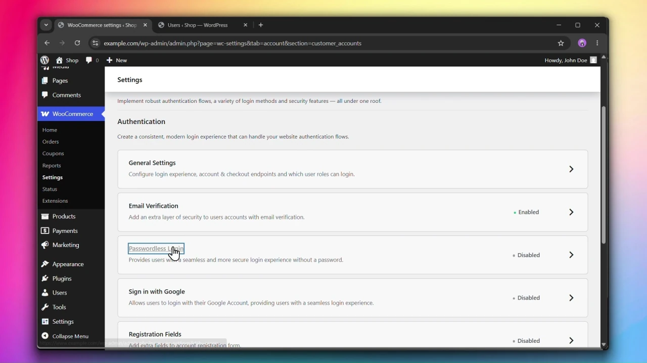 customer accounts for woocommerce customer accounts main settings page passwordless login card