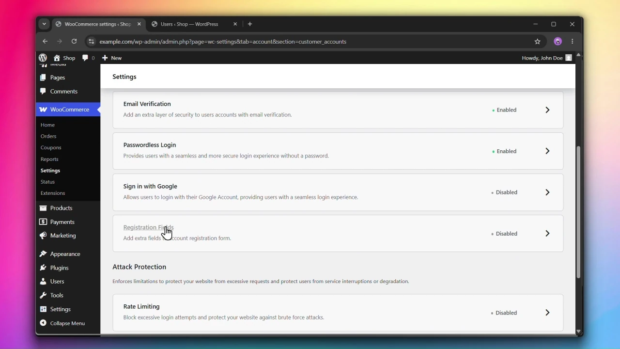customer accounts for woocommerce customer accounts main settings page registration fields card