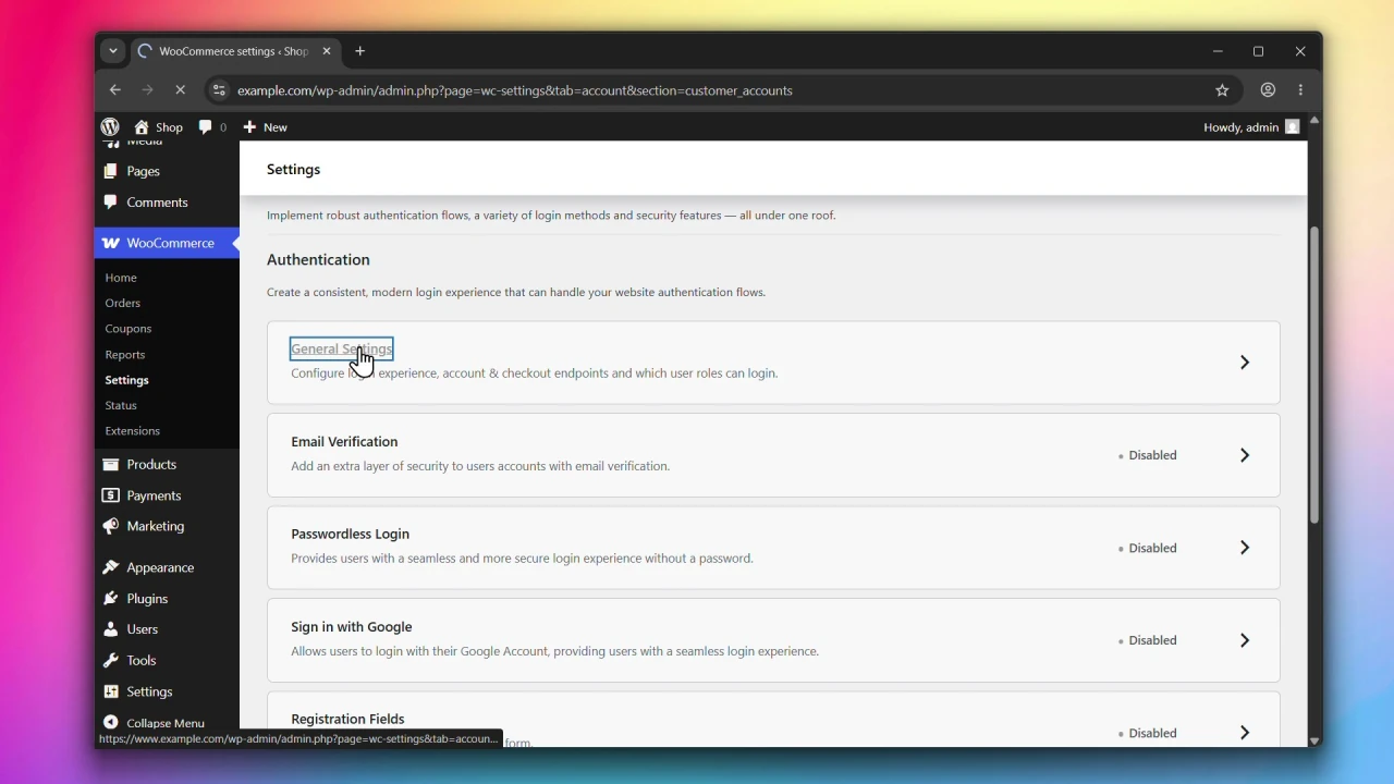 customer accounts for woocommerce customer accounts main settings page