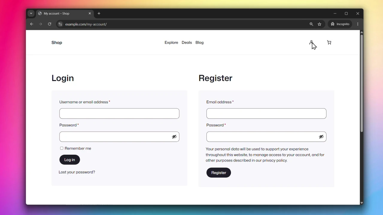 customer accounts for woocommerce default login account page
