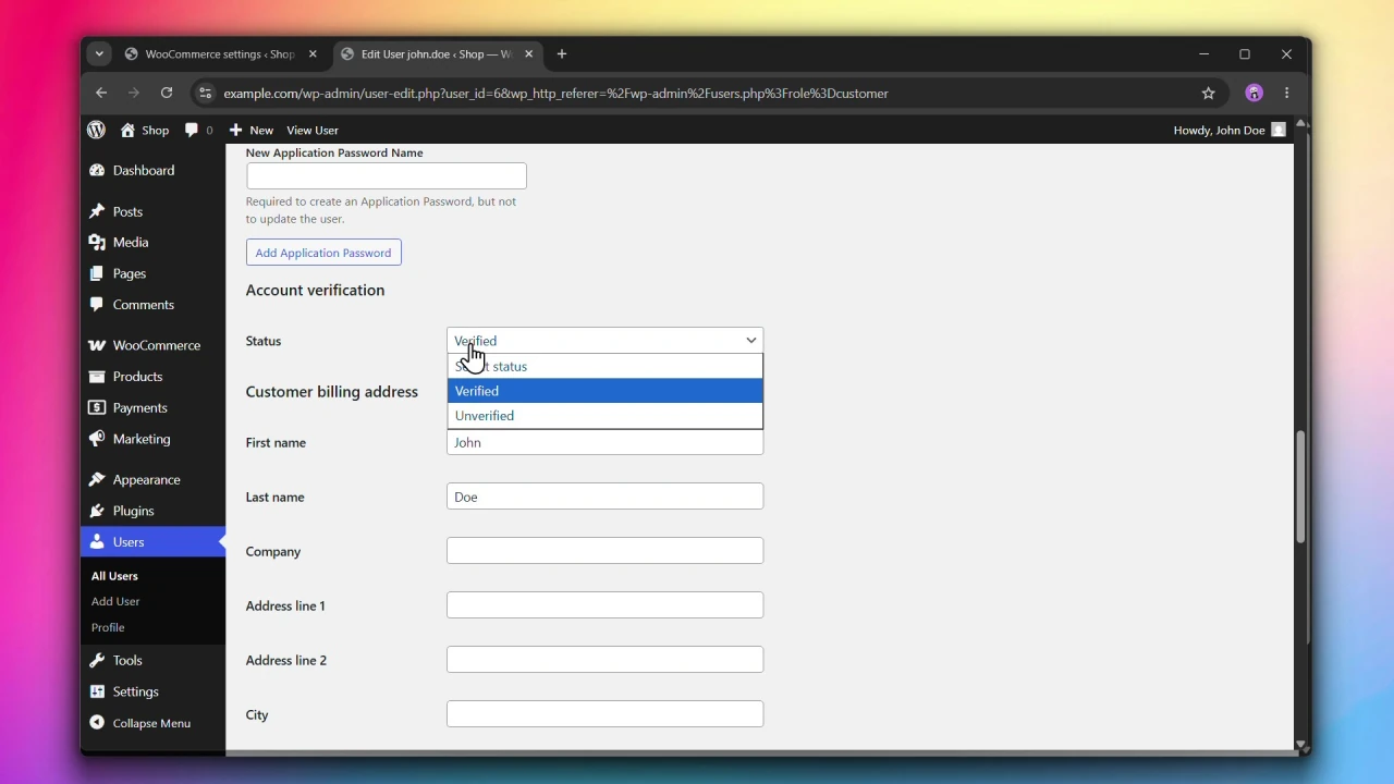 customer accounts for woocommerce edit user page account verification status dropdown