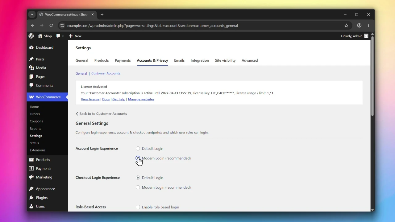 customer accounts for woocommerce general settings account login experience radio buttons