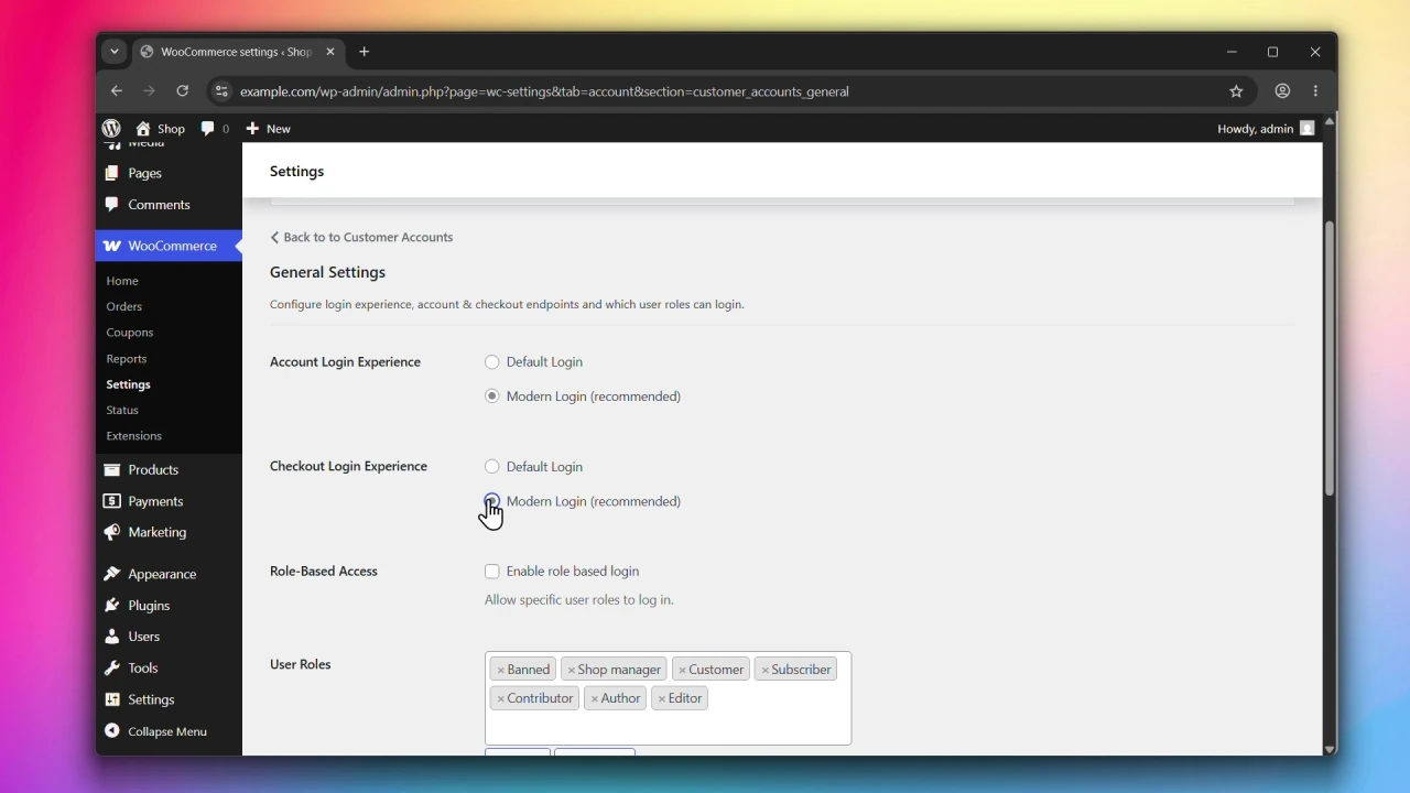customer accounts for woocommerce general settings checkout login experience radio buttons