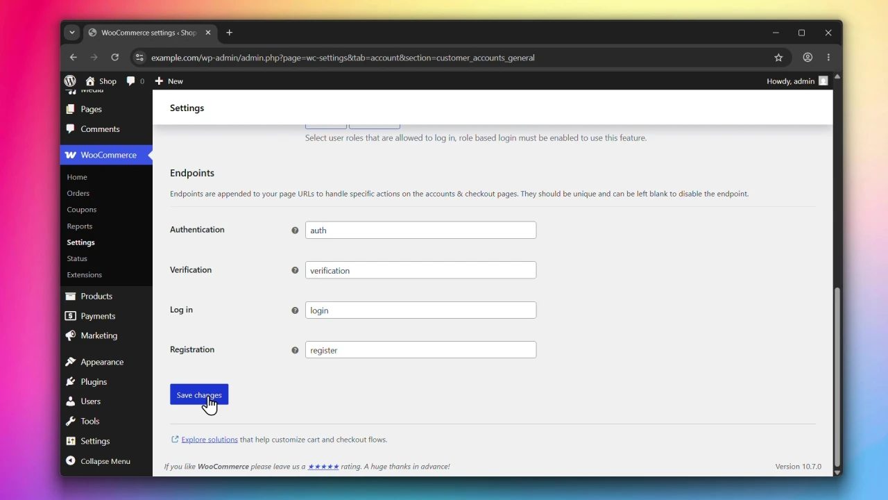 customer accounts for woocommerce general settings endpoints section