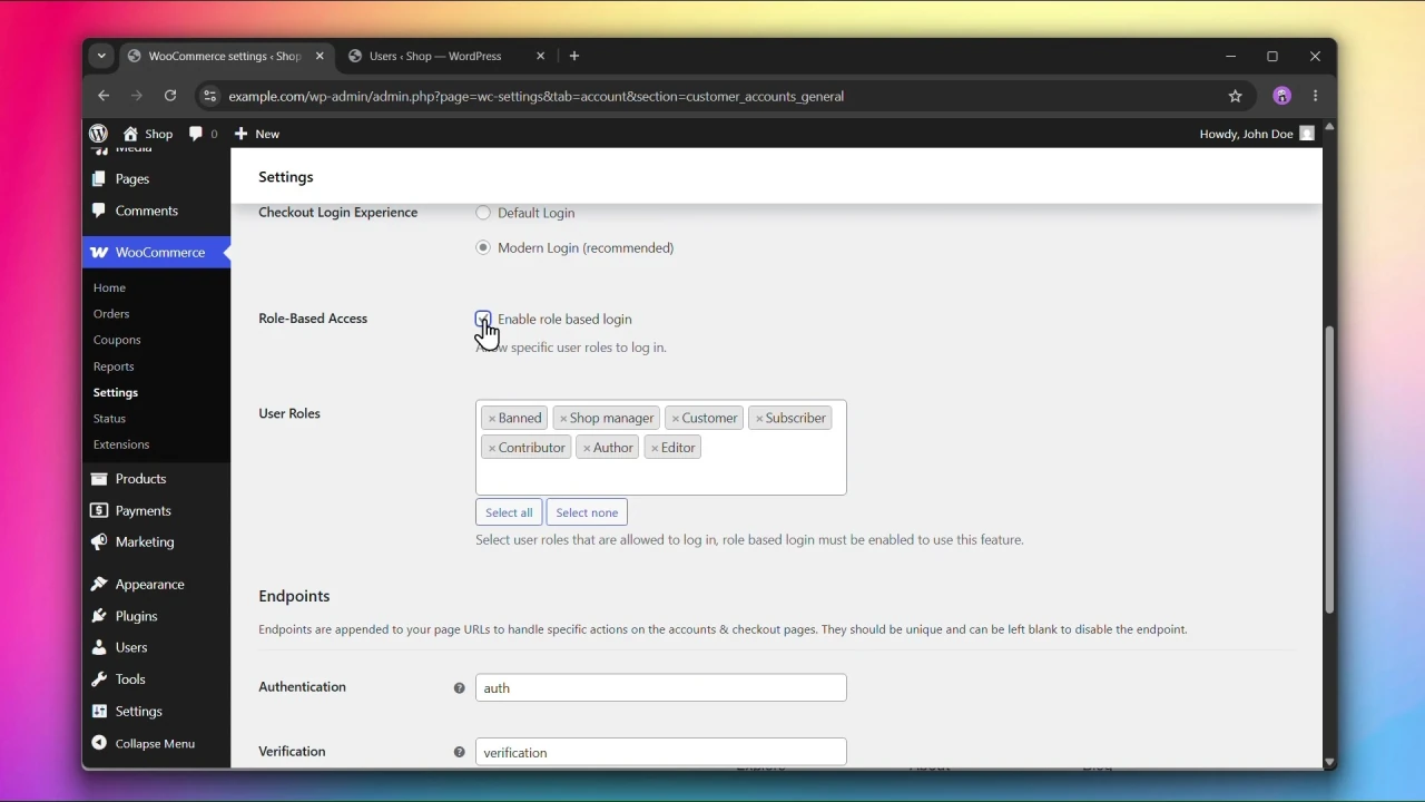 customer accounts for woocommerce general settings role based access