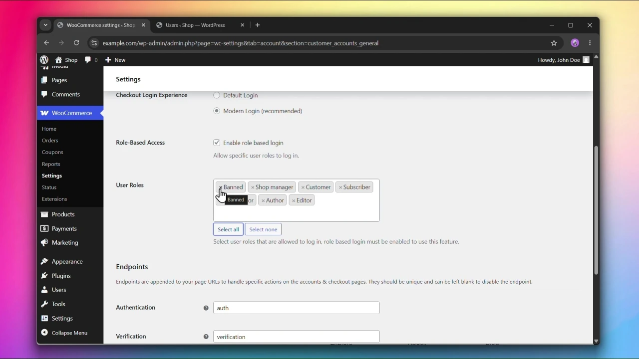 customer accounts for woocommerce general settings user roles multiselect