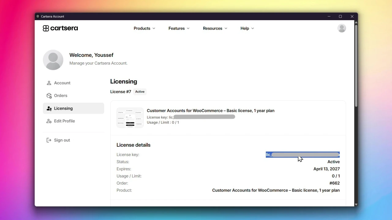 customer accounts for woocommerce license details page copy license key