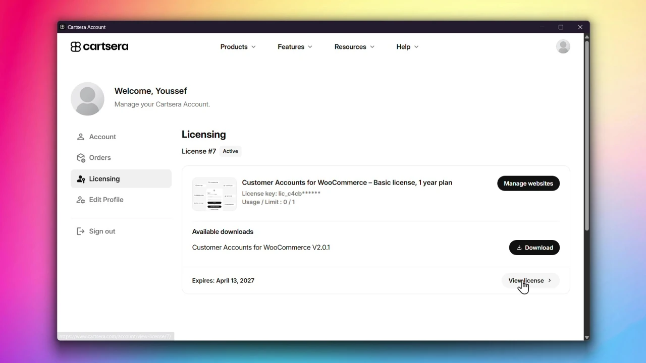 customer accounts for woocommerce licensing page view license button