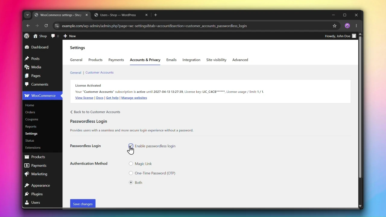 customer accounts for woocommerce passwordless login enable