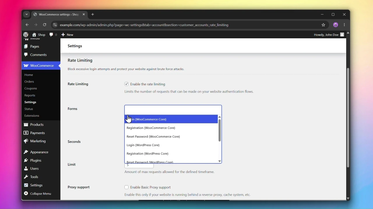 customer accounts for woocommerce rate limiting forms multiselect