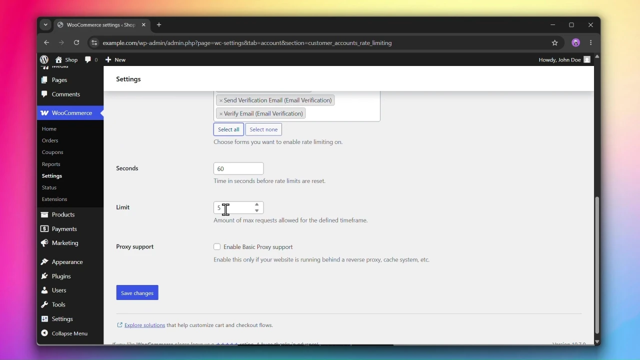 customer accounts for woocommerce rate limiting seconds and limit fields