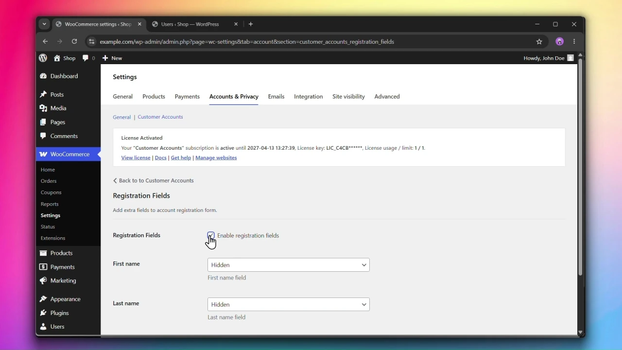 customer accounts for woocommerce registration fields enable
