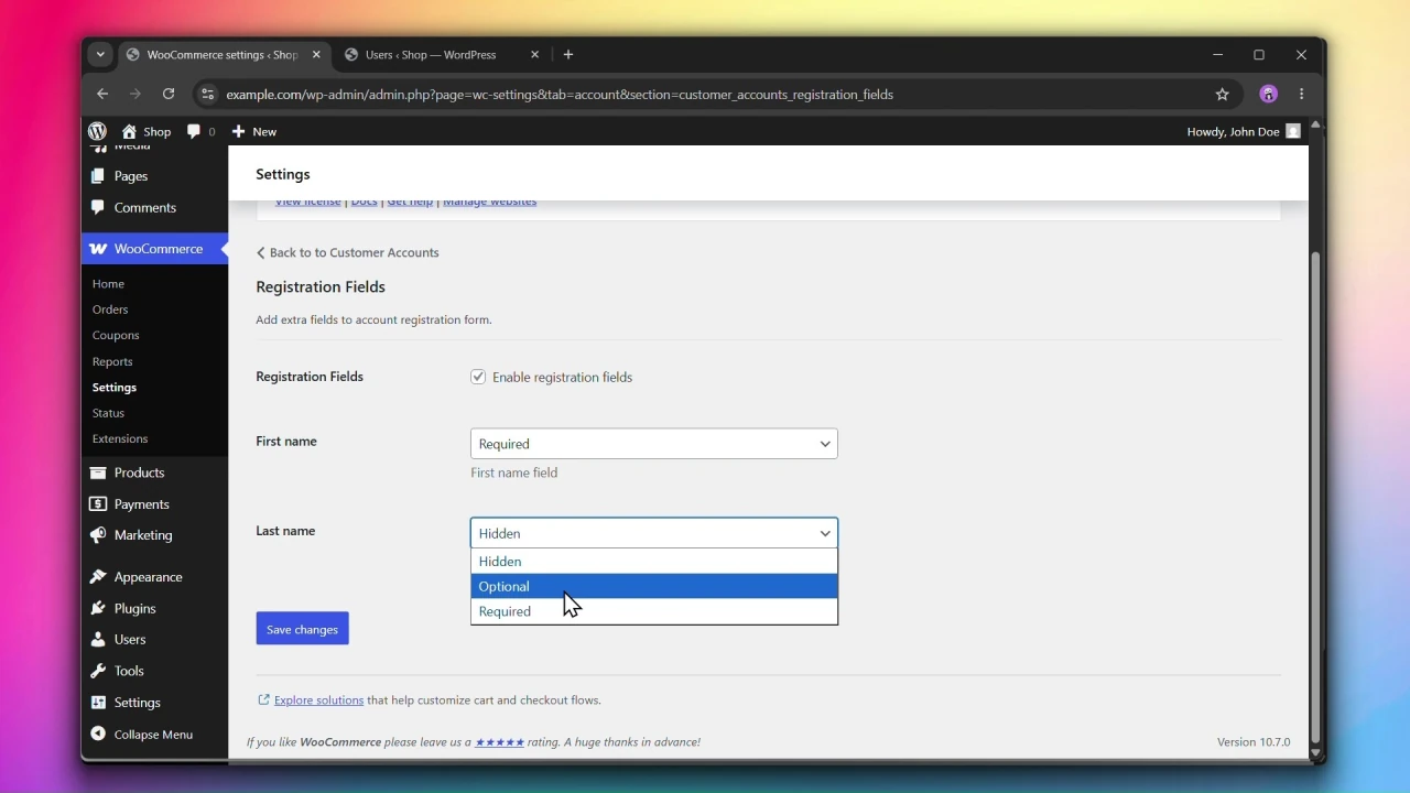 customer accounts for woocommerce registration fields first name and last name dropdowns
