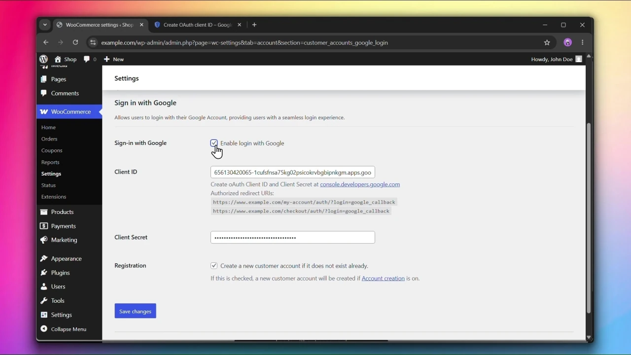 customer accounts for woocommerce sign in with google enable