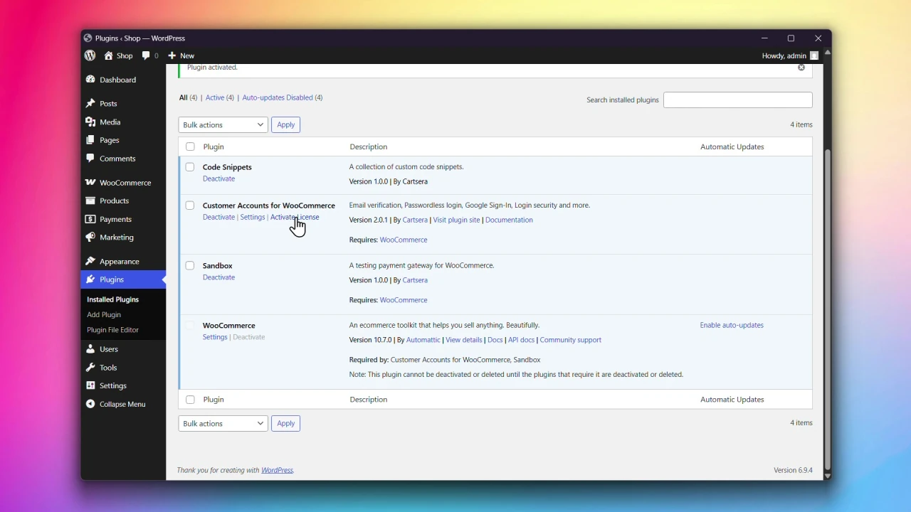 customer accounts for woocommerce wordpress admin plugins activate license