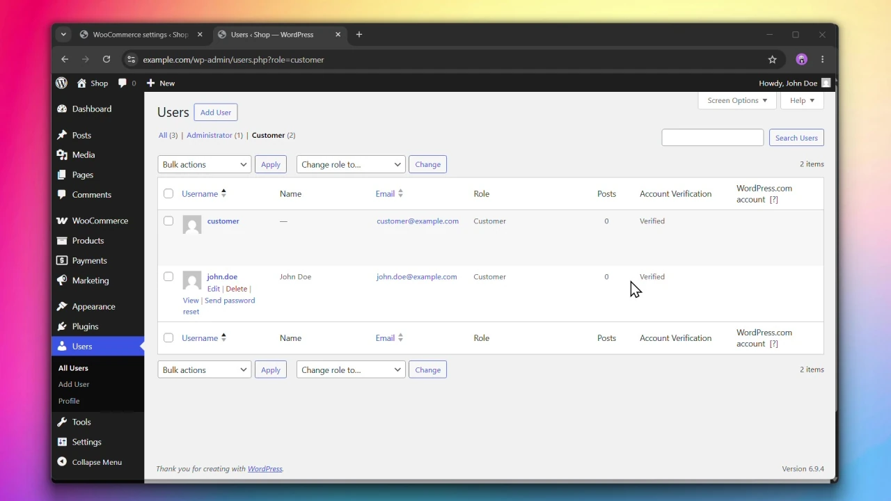 customer accounts for woocommerce wordpress users list account verification column